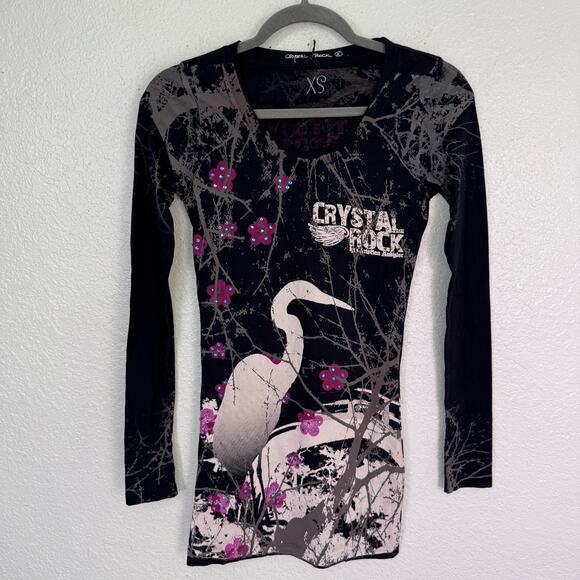 Christian Audigier Tops - Christian Audigier Crystal Rock Top Womens XS Crane Blossom Y2K Tunic Shirt Tee